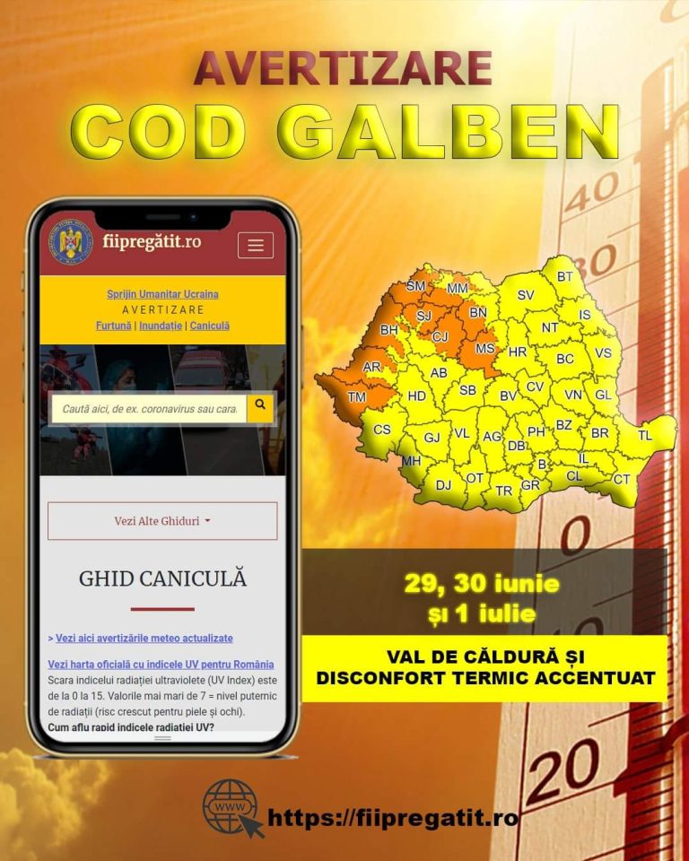 COD GALBEN în județul Dâmbovița, în zilele de 29, 30 iunie și 1 iulie, pentru val de căldură și disconfort termic ridicat.