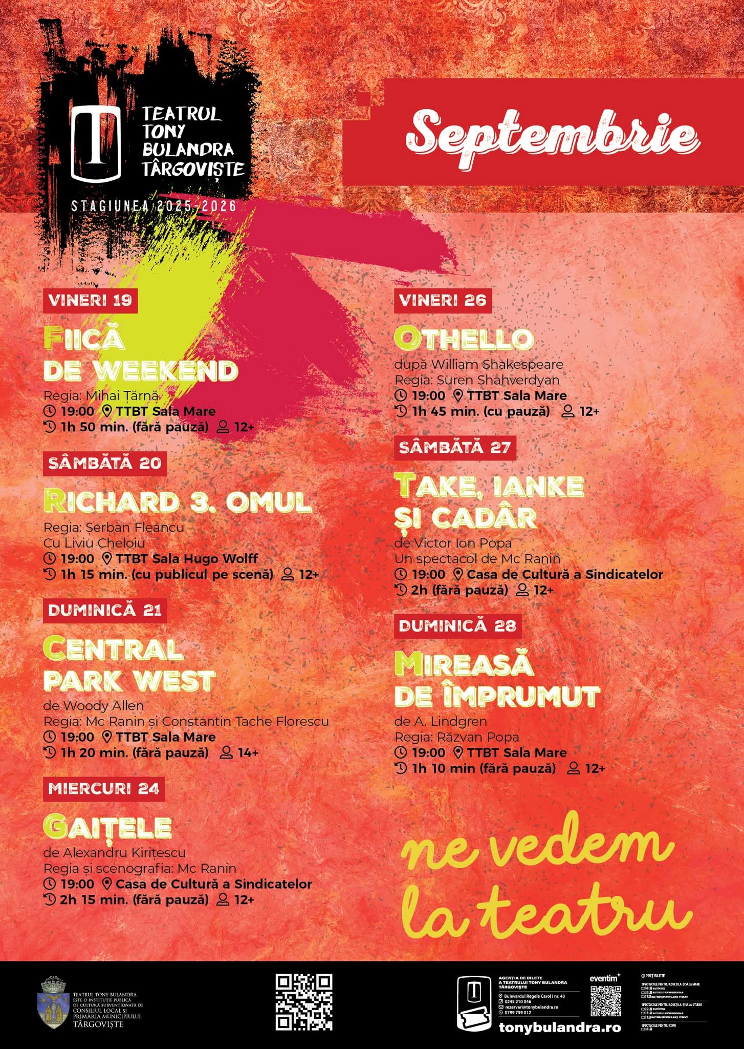 Teatrul Tony Bulandra Târgoviște prezintă programul spectacolelor pentru septembrie 2025